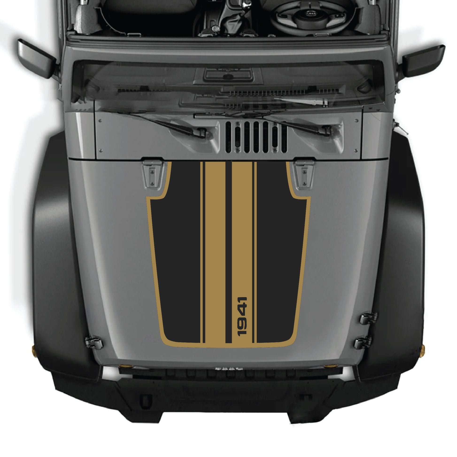 Jeep Wrangler JK hood decal with 1941 stripes and border graphic kit, premium vinyl CarCode hood panel sticker for 2007-2018 models.