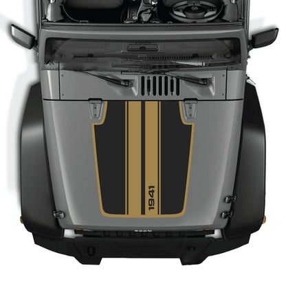 Jeep Wrangler JK hood decal with 1941 stripes and border graphic kit, premium vinyl CarCode hood panel sticker for 2007-2018 models.