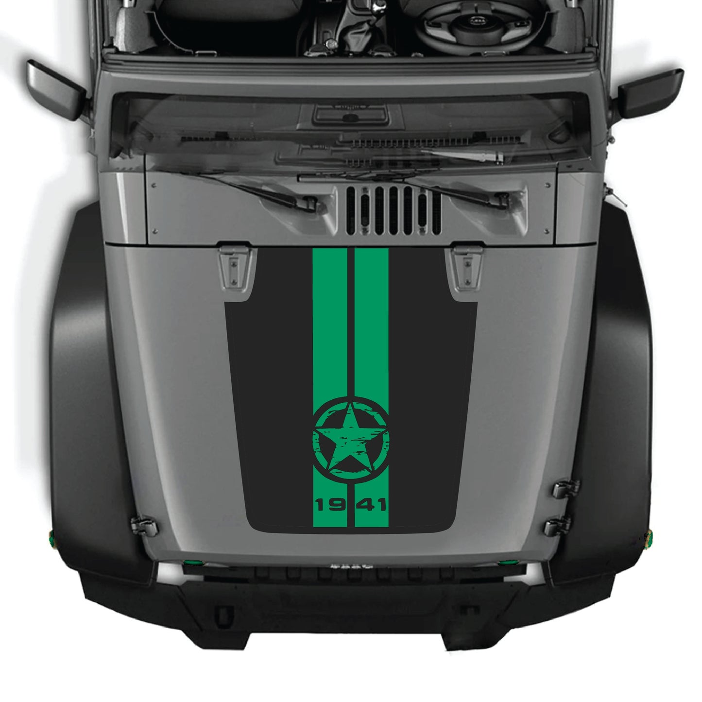 Jeep Wrangler JK hood decal with 1941 star and stripes graphic in premium vinyl, featuring bold patriotic design.