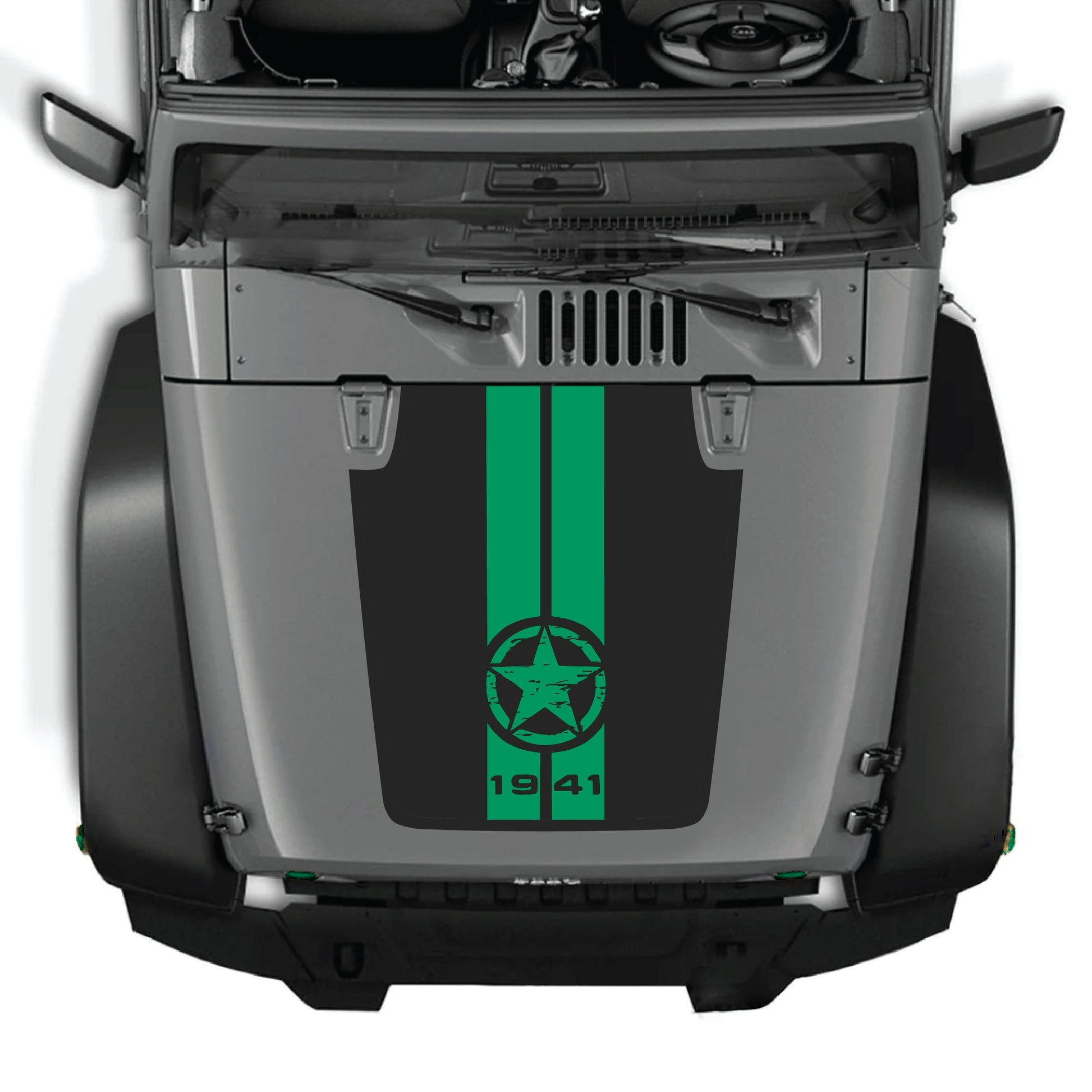 Jeep Wrangler JK hood decal with 1941 star and stripes graphic in premium vinyl, featuring bold patriotic design.