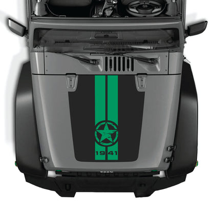 Jeep Wrangler JK hood decal with 1941 star and stripes graphic in premium vinyl, featuring bold patriotic design.