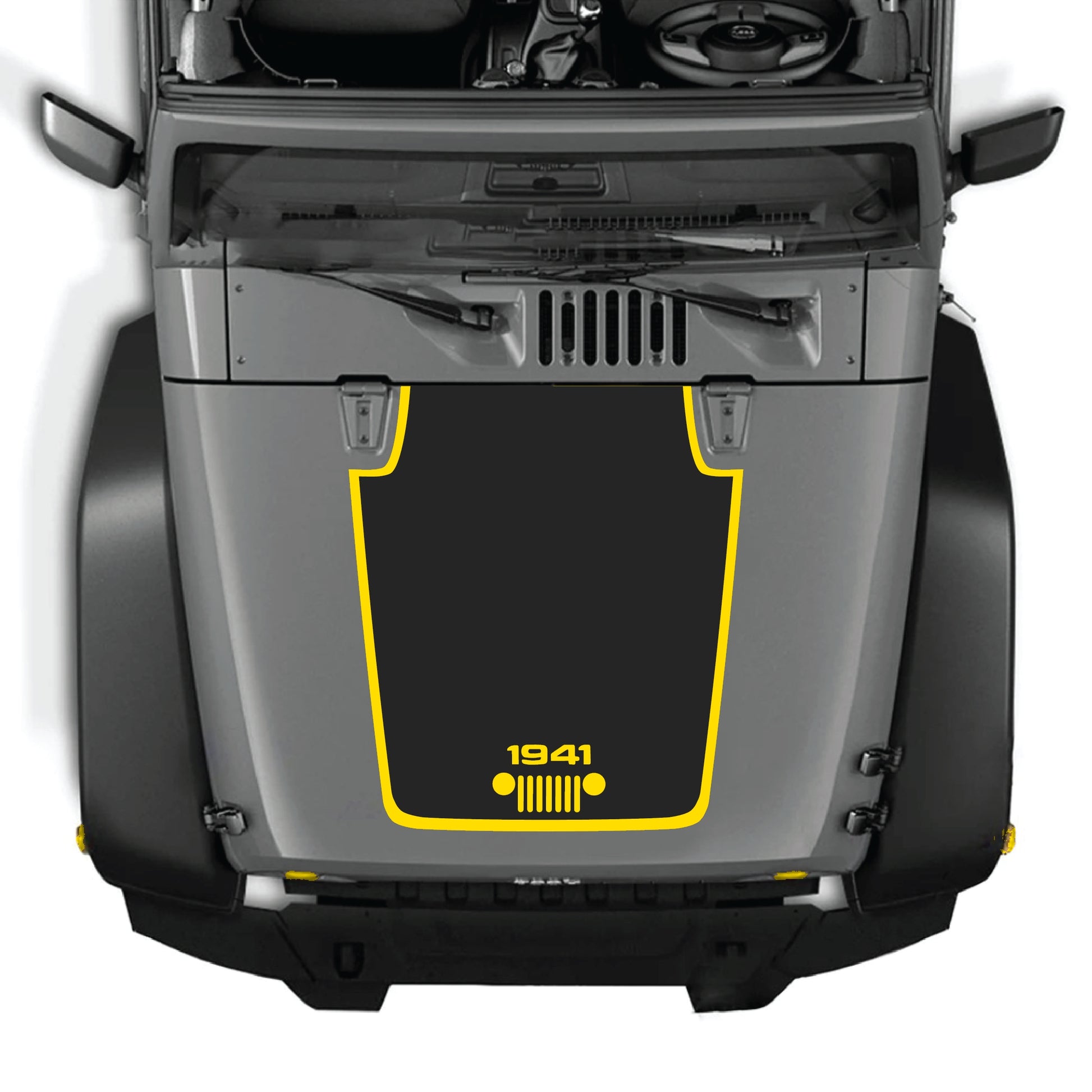 Jeep Wrangler JK hood decal with 1941 grille border graphic in black premium vinyl, designed for model years 2007-2018.