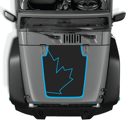 Canada full leaf hood decal with border, CarCode vinyl graphic kit on a Jeep Wrangler JK JKU 2007-2018.