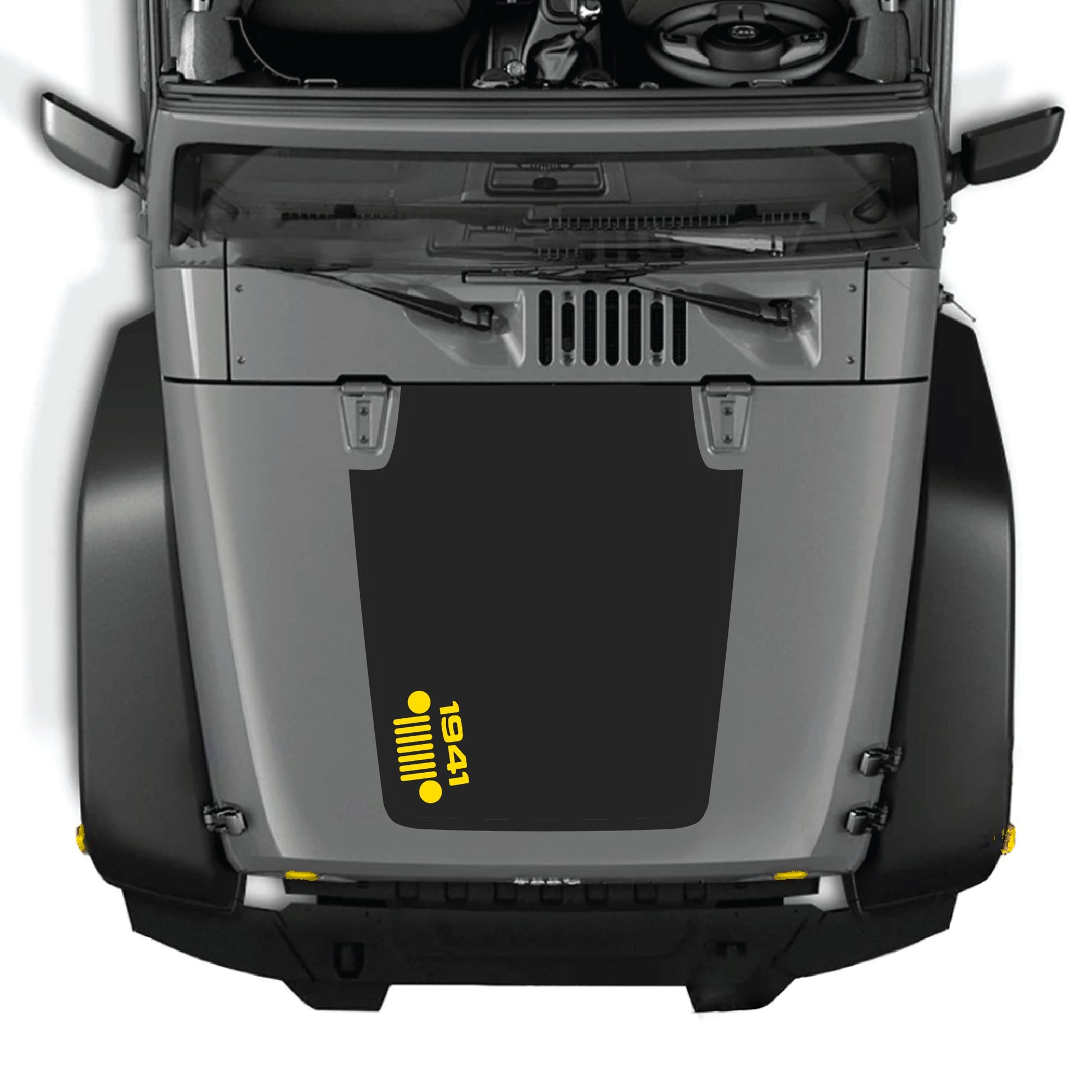 Left side 1941 Jeep Wrangler JK JKU hood decal graphic kit with premium vinyl, featuring a bold grill design for off-road style.