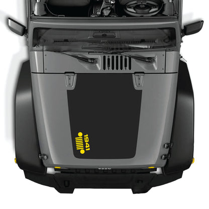 Left side 1941 Jeep Wrangler JK JKU hood decal graphic kit with premium vinyl, featuring a bold grill design for off-road style.