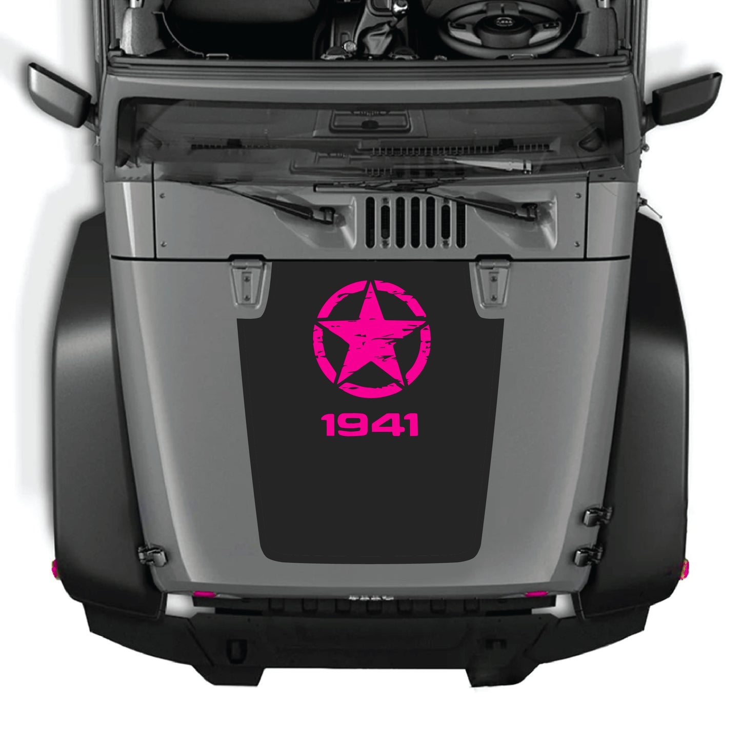 Jeep Wrangler JK hood decal with top star graphic, black vinyl sticker for 2007-2018 models by CarCode, stylish vehicle customization.