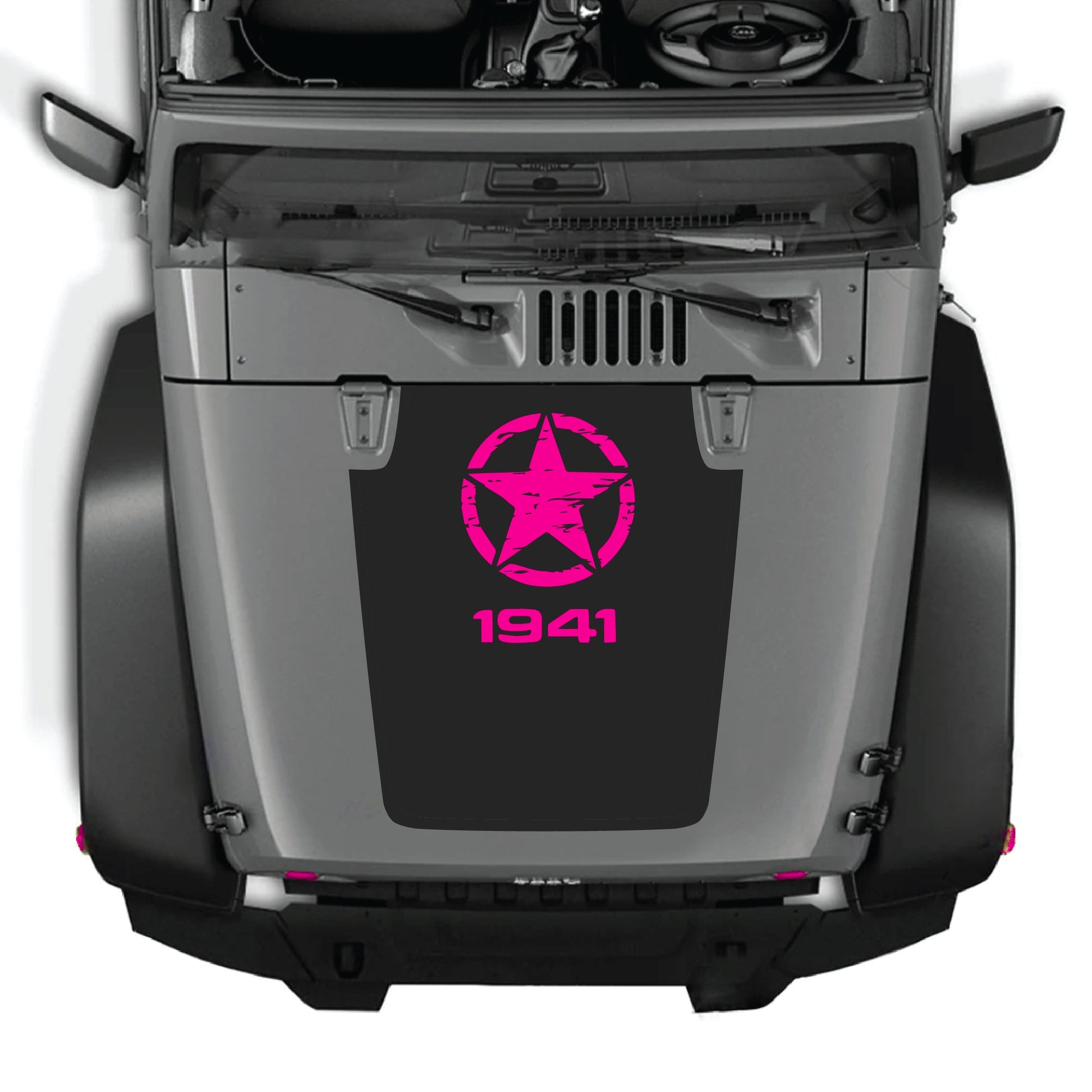 Jeep Wrangler JK hood decal with top star graphic, black vinyl sticker for 2007-2018 models by CarCode, stylish vehicle customization.