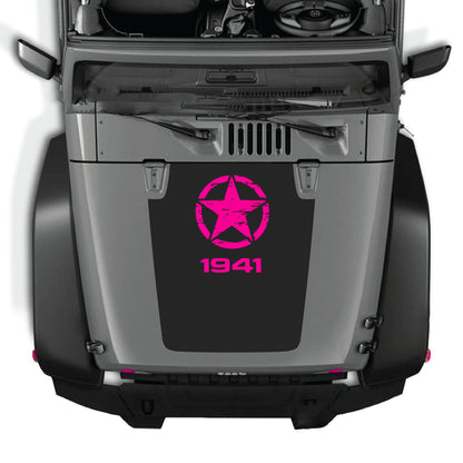 Jeep Wrangler JK hood decal with top star graphic, black vinyl sticker for 2007-2018 models by CarCode, stylish vehicle customization.