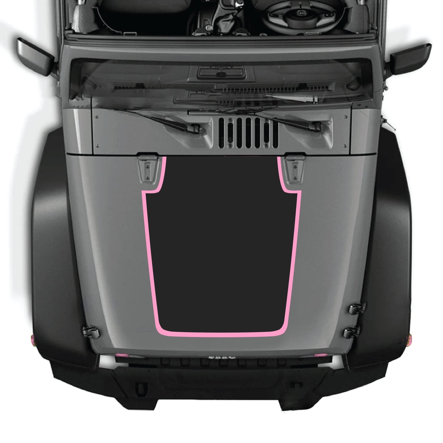 Solid black hood panel decal with border graphic kit for Jeep Wrangler JK JKU 2007-2018, made of premium vinyl by CarCode.