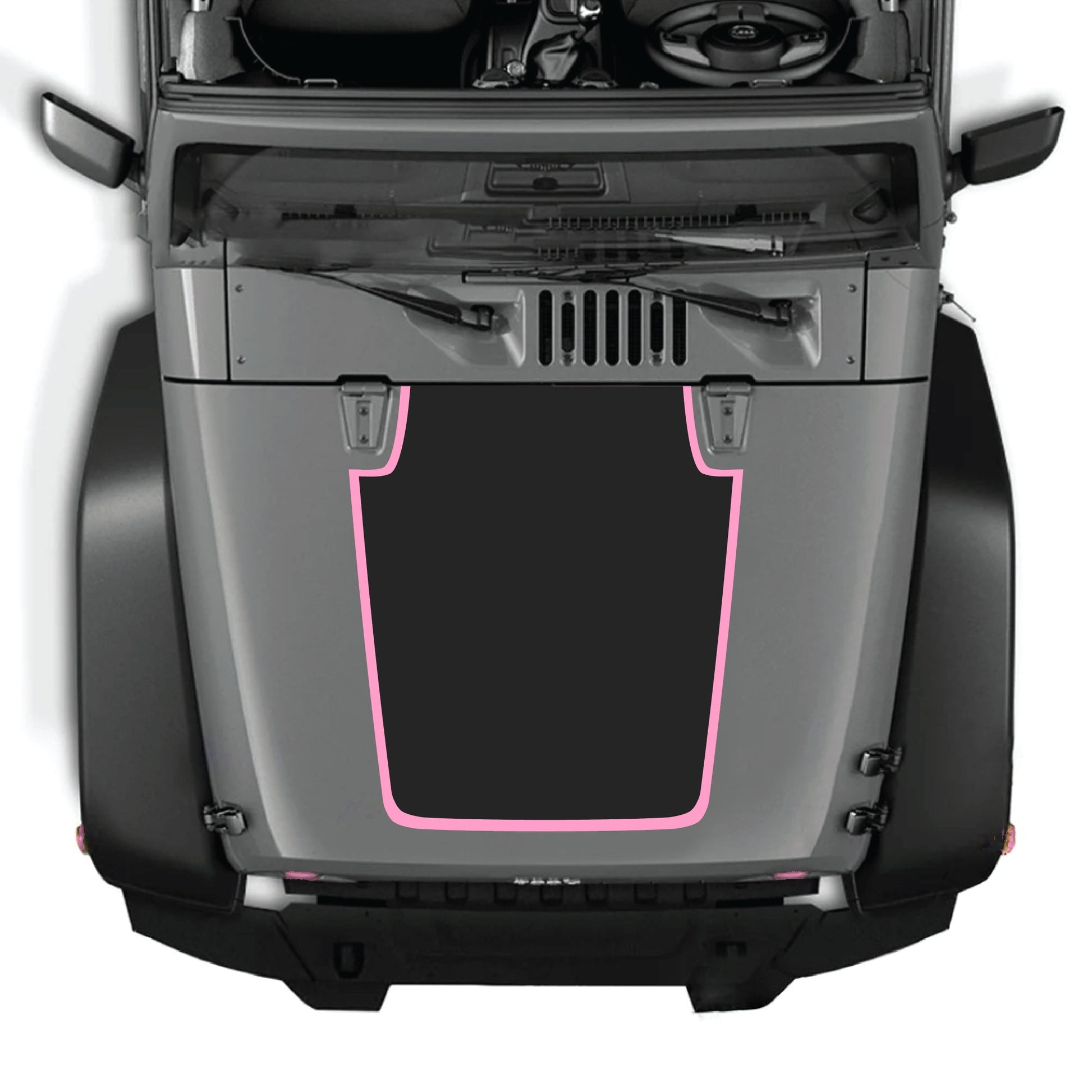 Solid black hood panel decal with border graphic kit for Jeep Wrangler JK JKU 2007-2018, made of premium vinyl by CarCode.