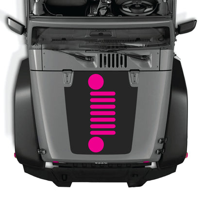 Vertical grille hood decal sticker for Jeep Wrangler JK JKU 2007-2018, premium vinyl CarCode graphic kit on a black hood.