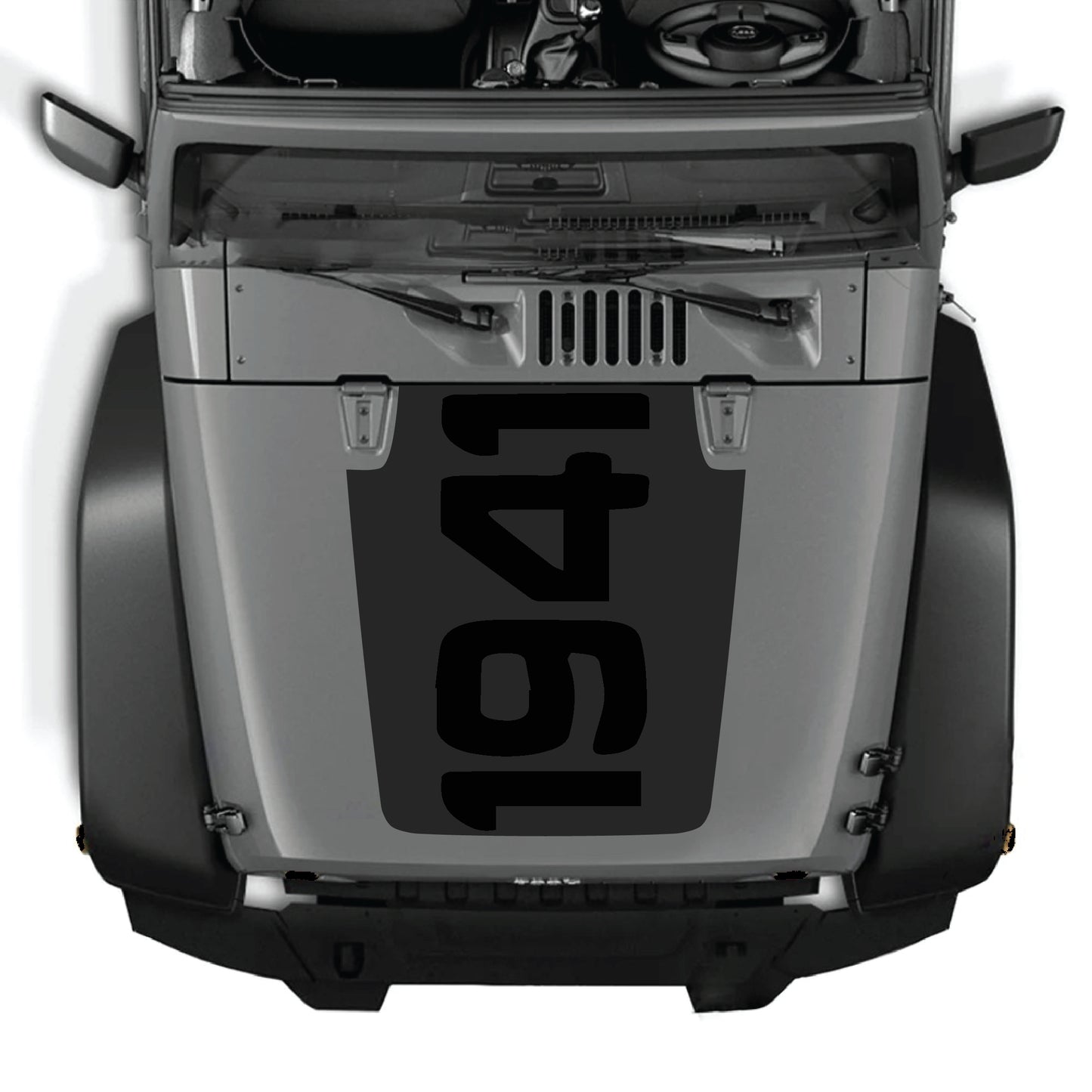 Jeep Wrangler JK JKU 2007-2018 hood decal graphic kit with 1941 design, premium vinyl CarCode hood panel sticker on vehicle hood.