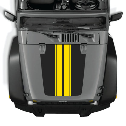 Jeep Wrangler JK JKU hood decal kit with black stripe graphic, made of premium vinyl for a sleek, customized look.