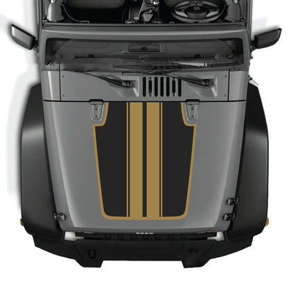 Jeep Wrangler JK hood decal with black and white stripe design and border, made from premium vinyl by CarCode.