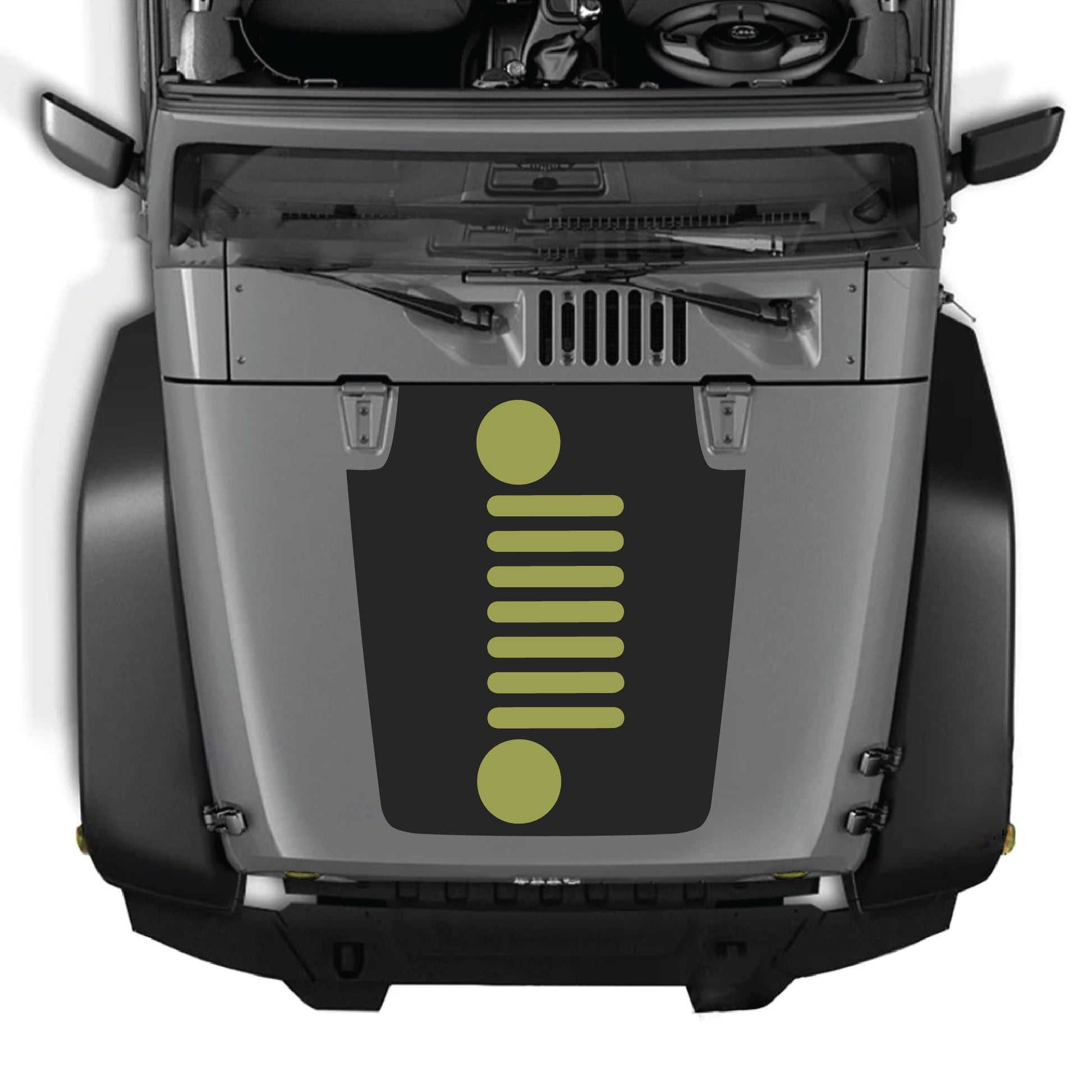 Vertical grill hood decal graphic kit for Jeep Wrangler JK JKU, made of premium vinyl, featuring bold black design elements.