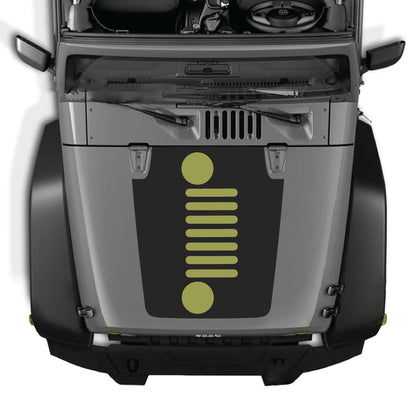 Vertical grill hood decal graphic kit for Jeep Wrangler JK JKU, made of premium vinyl, featuring bold black design elements.