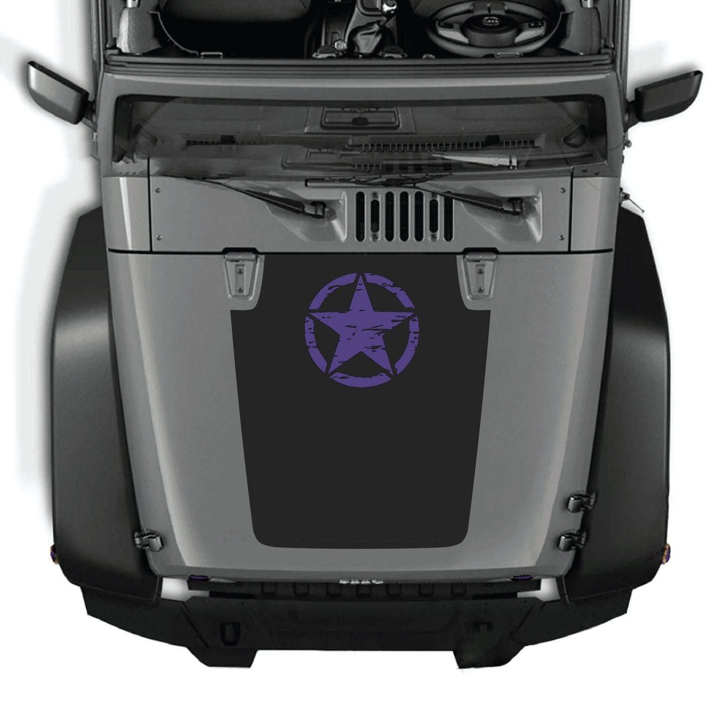 Jeep Wrangler JK JKU hood decal with top star graphic, CarCode premium vinyl sticker, designed for 2007-2018 models