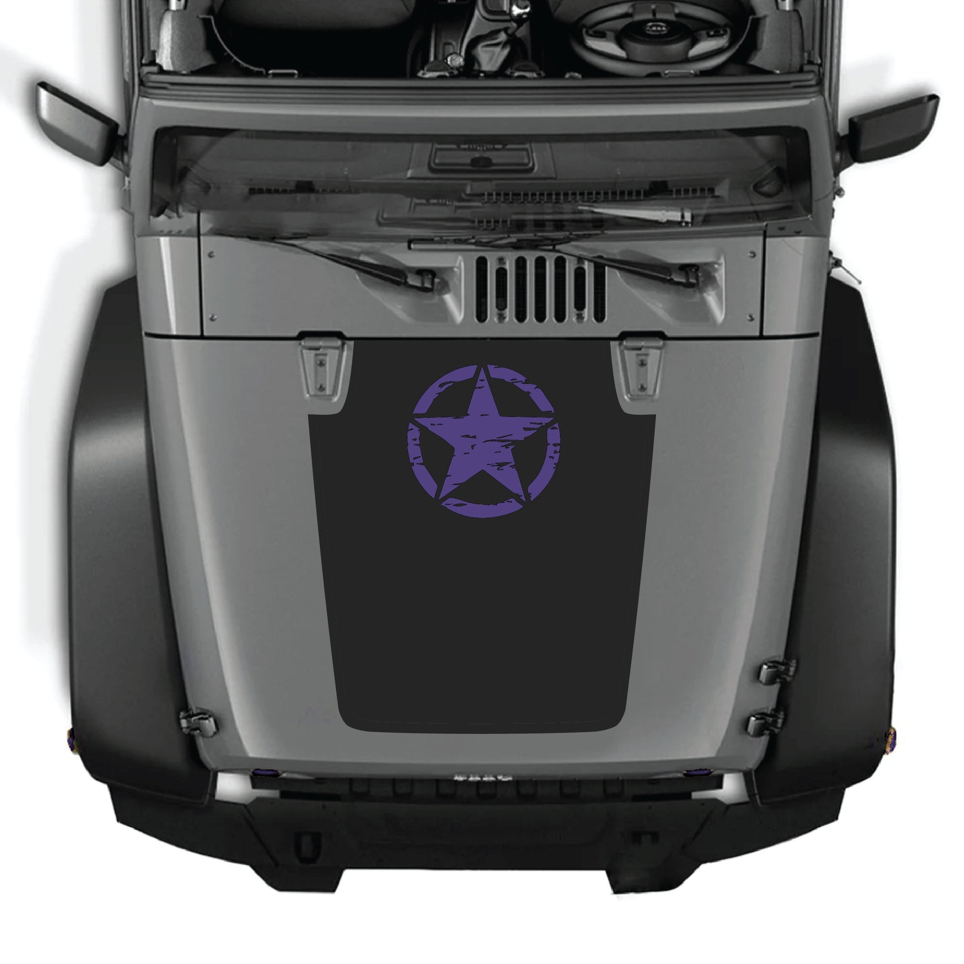 Jeep Wrangler JK JKU hood decal with top star graphic, CarCode premium vinyl sticker, designed for 2007-2018 models