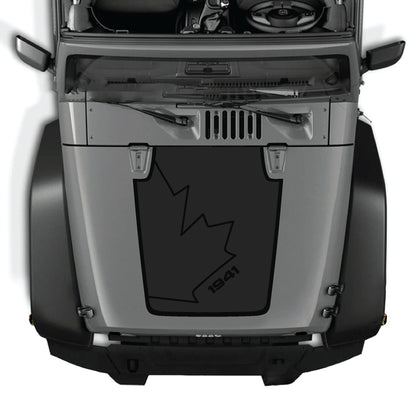 CarCode Canada full leaf hood decal with border for Jeep Wrangler JK JKU 2007-2018, premium vinyl graphic kit.