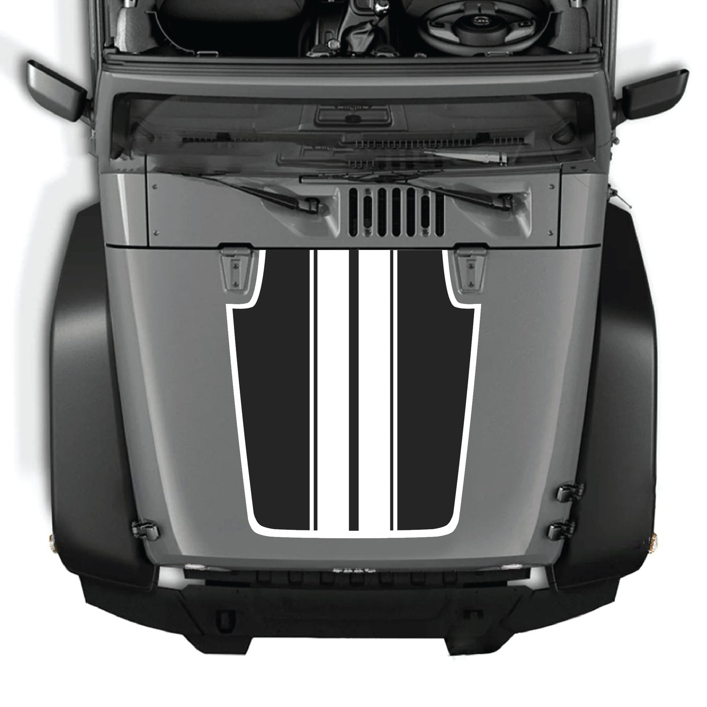 Jeep Wrangler JK JKU hood decal kit with black stripes and border graphic, made of premium vinyl for a stylish look.