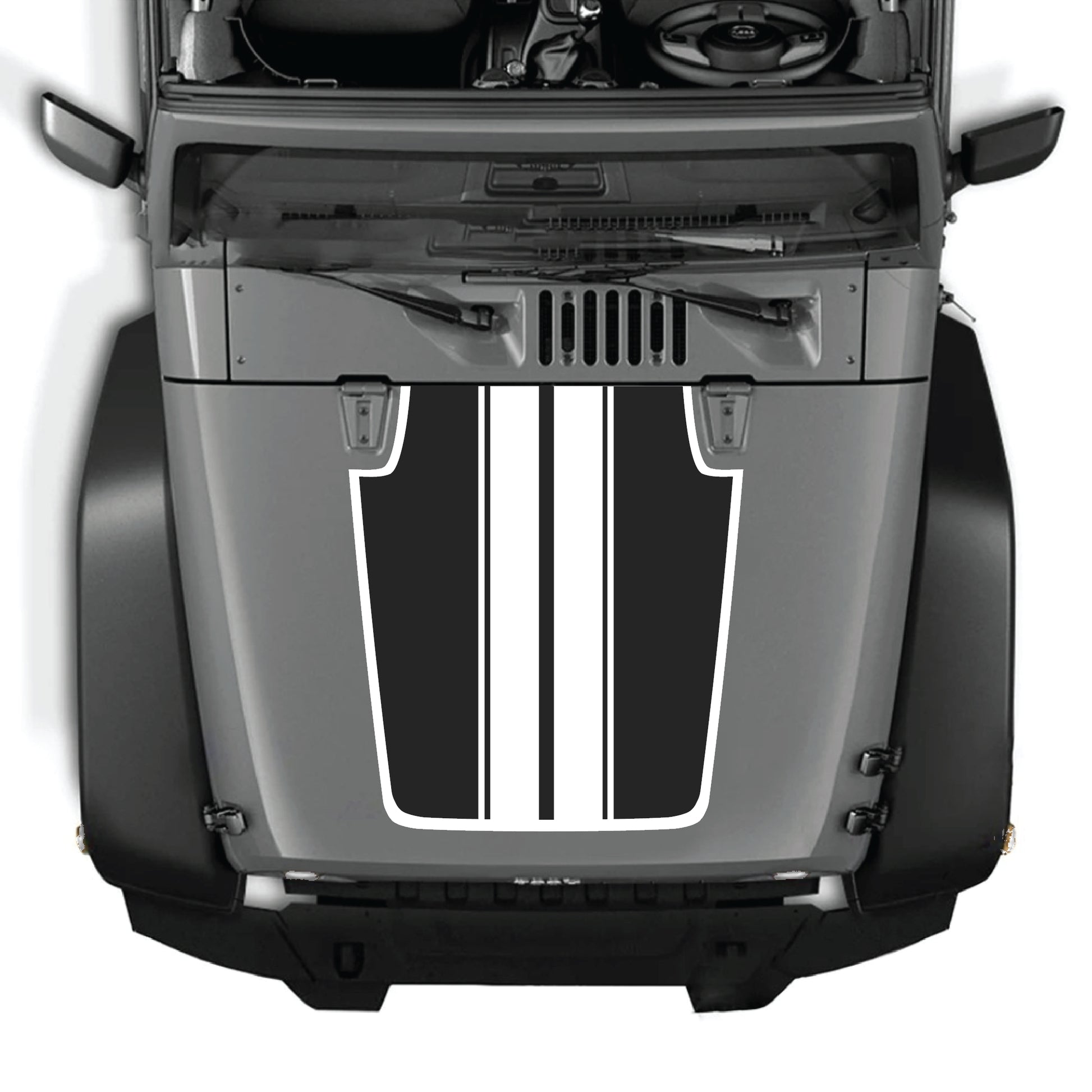 Jeep Wrangler JK JKU hood decal kit with black stripes and border graphic, made of premium vinyl for a stylish look.