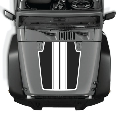 Jeep Wrangler JK JKU hood decal kit with black stripes and border graphic, made of premium vinyl for a stylish look.