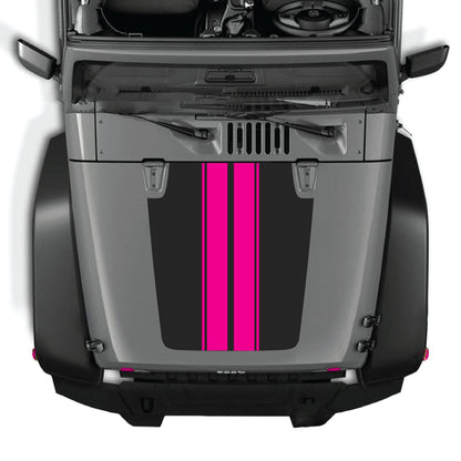 Jeep Wrangler JK JKU hood decal kit with black stripe graphic by CarCode, made of premium vinyl, applied on vehicle hood.