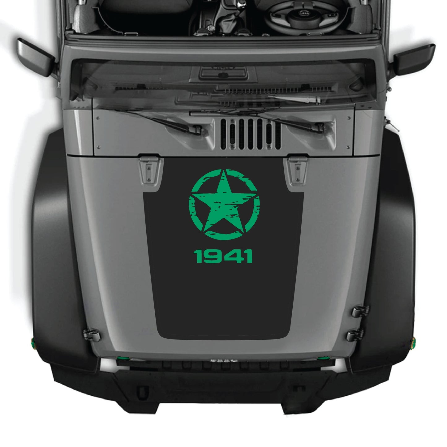 Jeep Wrangler JK JKU hood decal featuring a Top Star 1941 graphic kit, made of premium vinyl by CarCode, for customization.