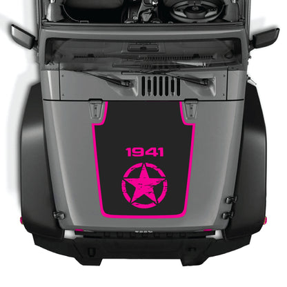 Jeep Wrangler hood decal featuring a center star and border graphic kit in black premium vinyl, compatible with 2007-2018 JK models.
