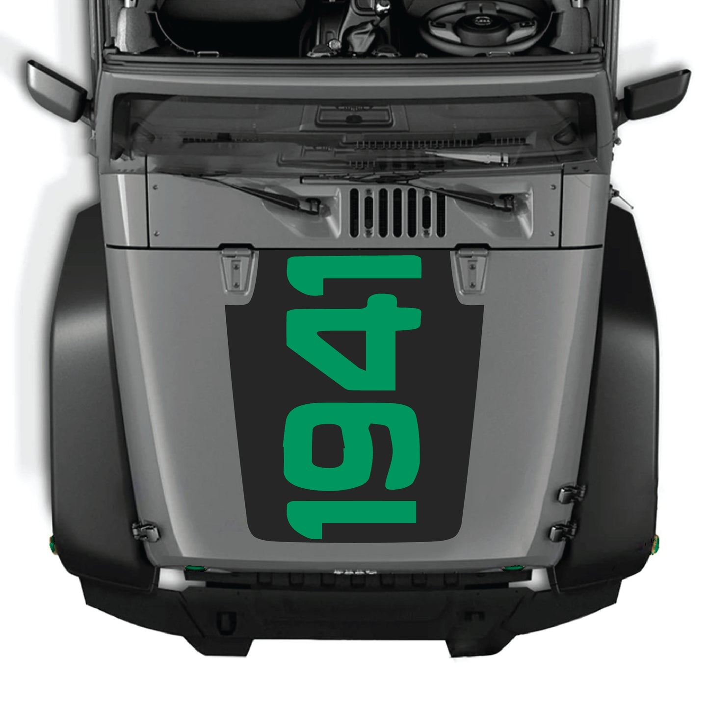 Jeep Wrangler JK hood decal graphic kit featuring 1941 design in premium vinyl, with black and white military-style graphic.