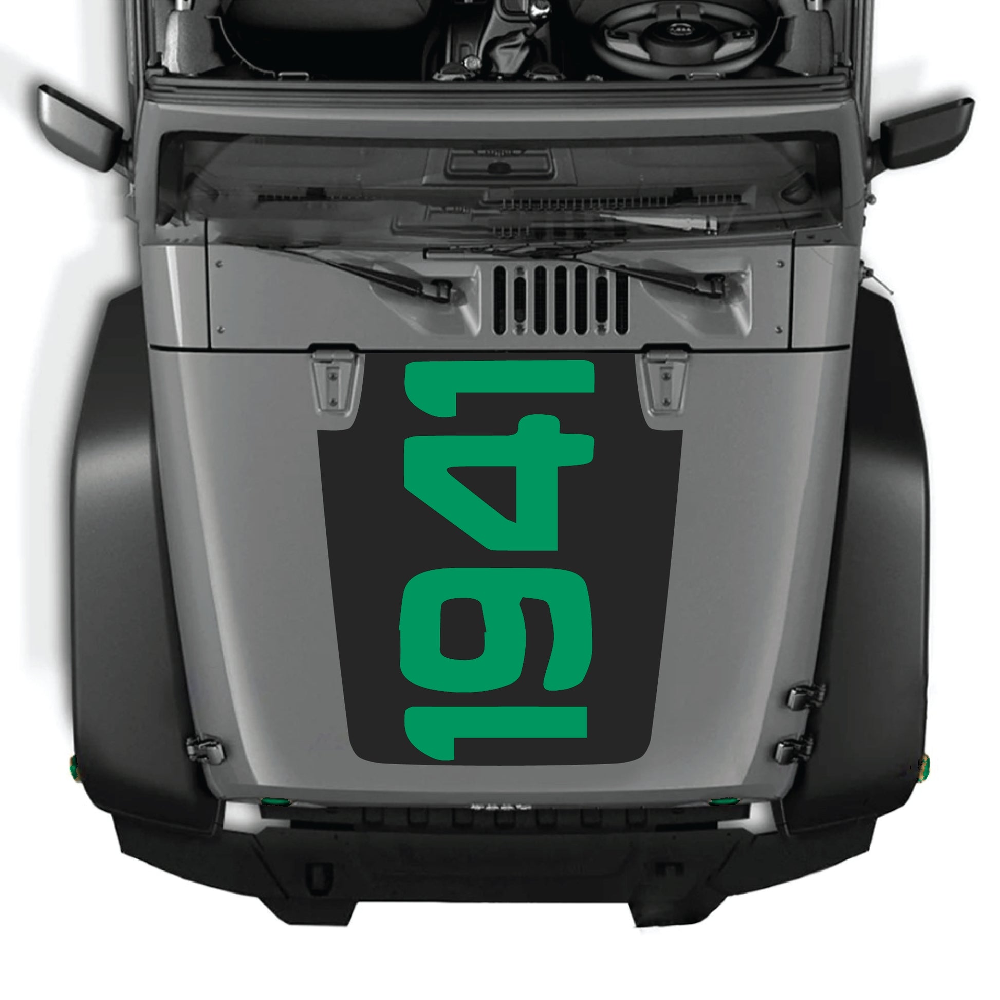 Jeep Wrangler JK hood decal graphic kit featuring 1941 design in premium vinyl, with black and white military-style graphic.