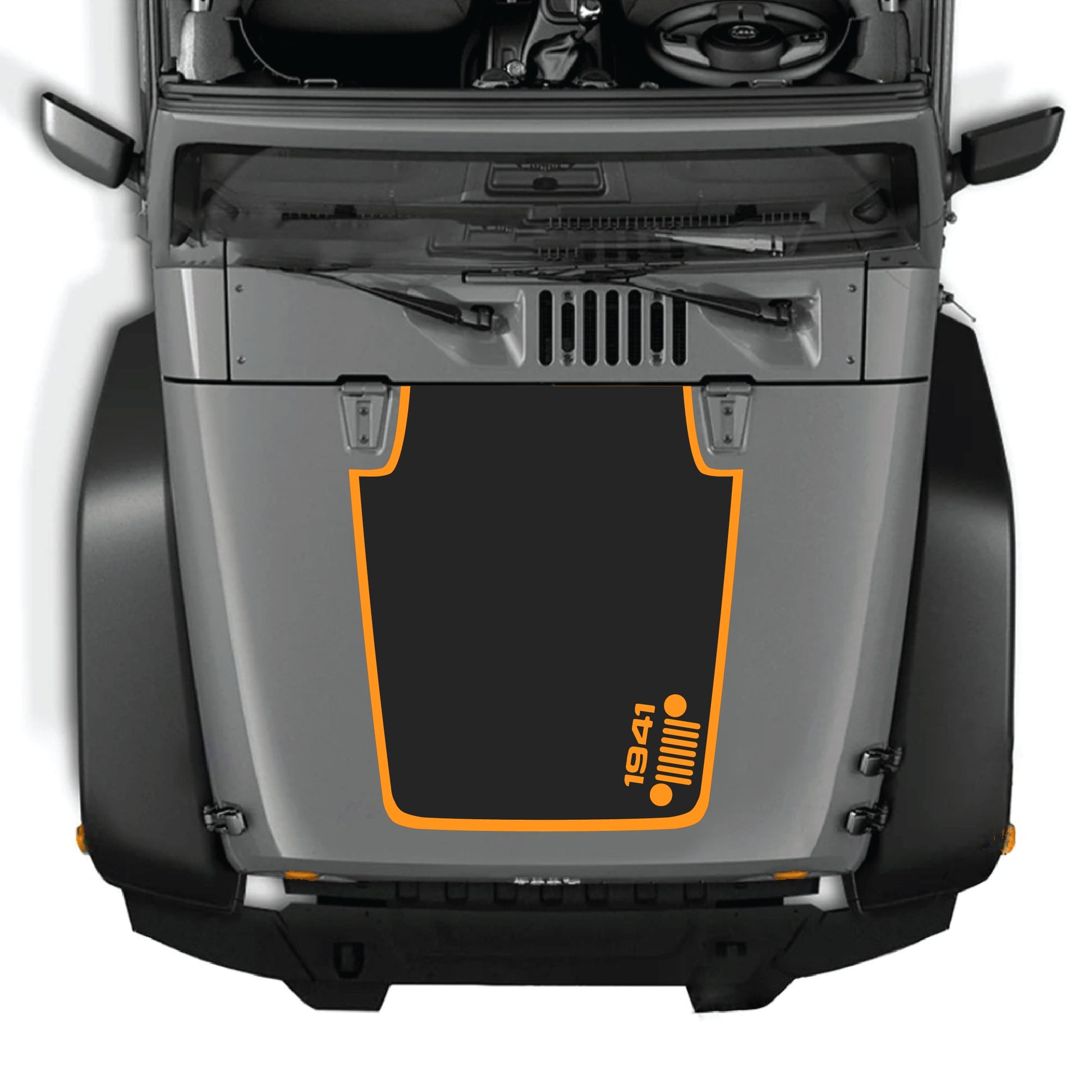 Right side hood decal with 1941 Jeep grille border graphic for Jeep Wrangler JK JKU 2007-2018, made of premium vinyl.