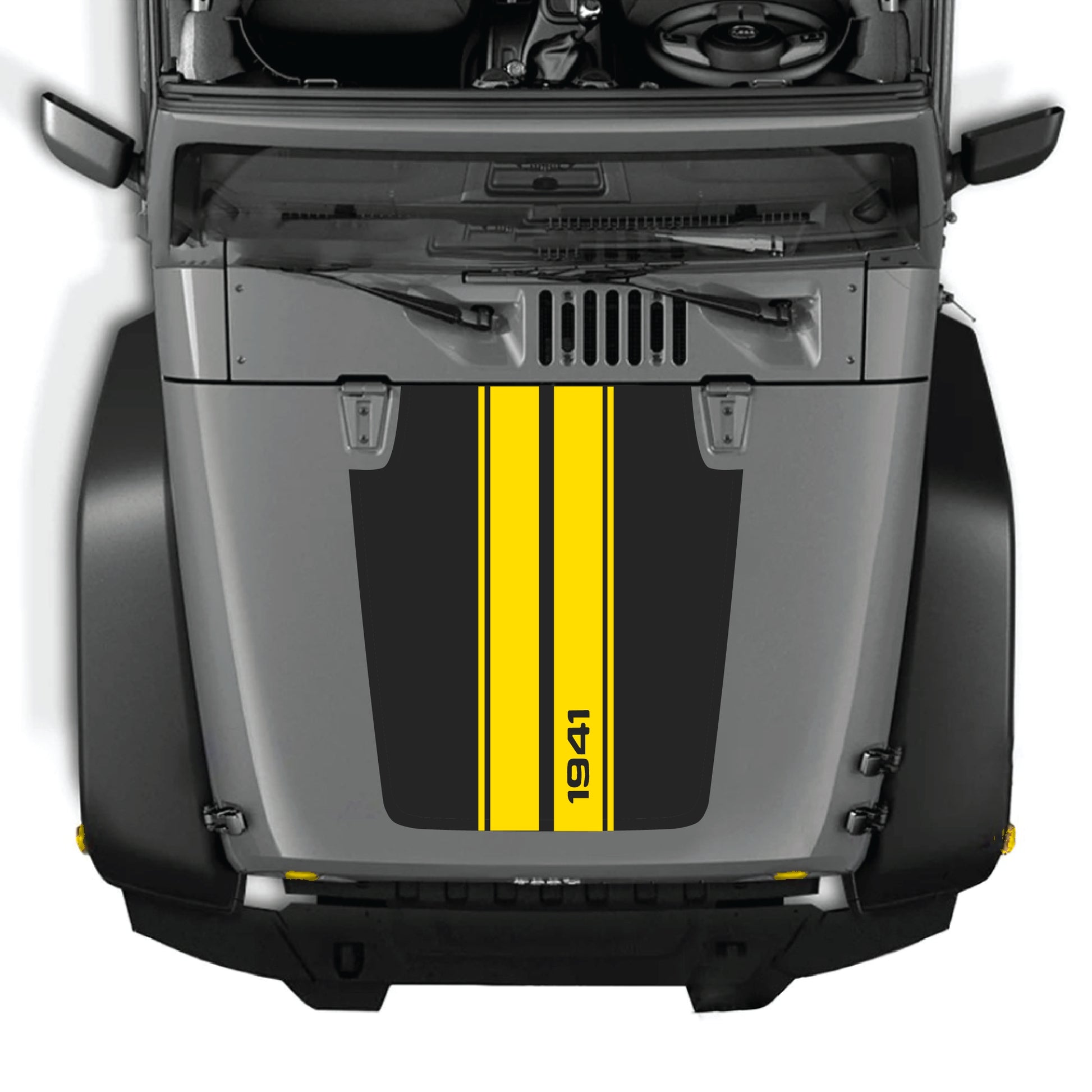 Jeep Wrangler JK hood decal with 1941 stripes graphic kit in black and white premium vinyl, featuring bold stripe design.