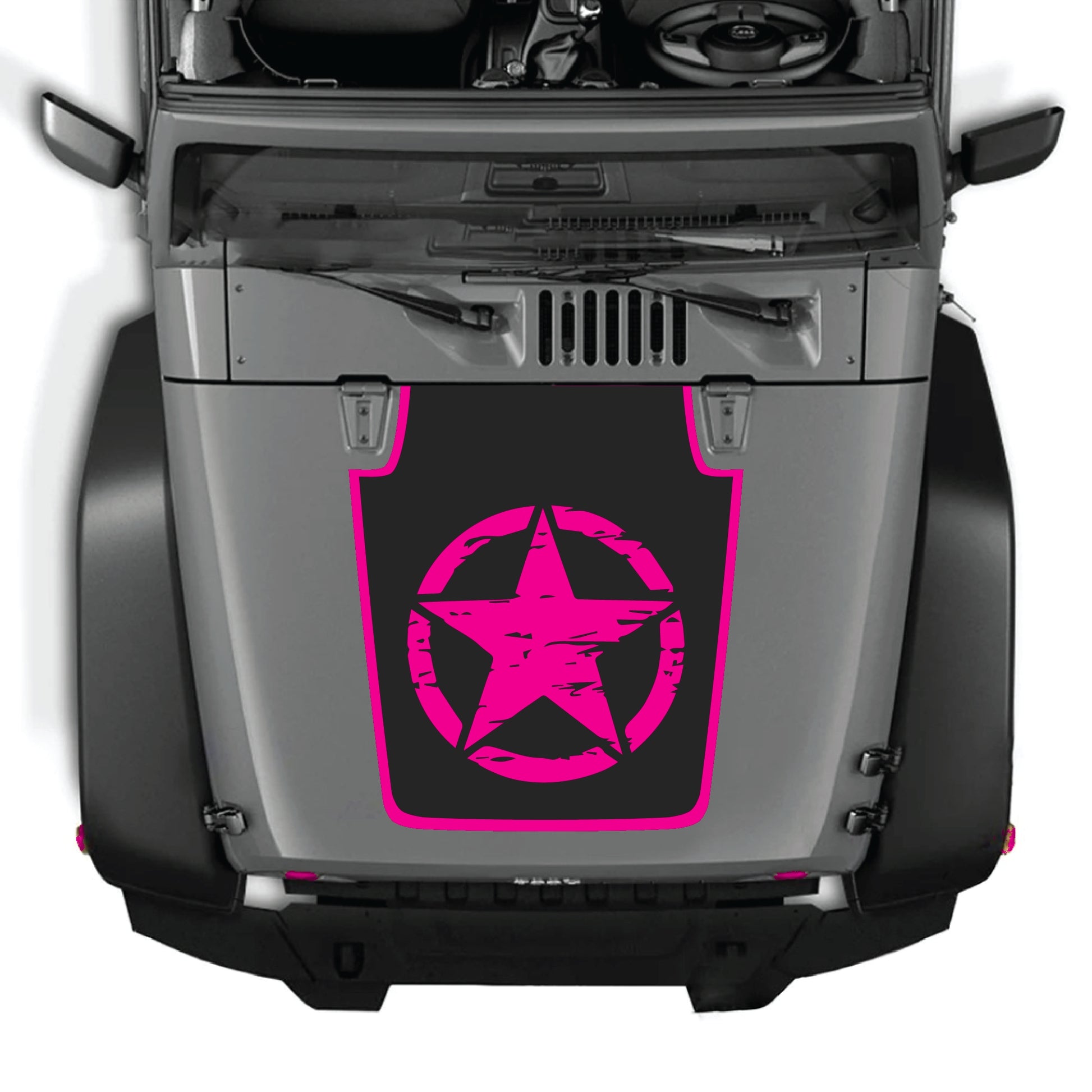 Full star hood decal with border graphic kit by CarCode, designed for Jeep Wrangler JK and JKU 2007-2018, made with premium vinyl.