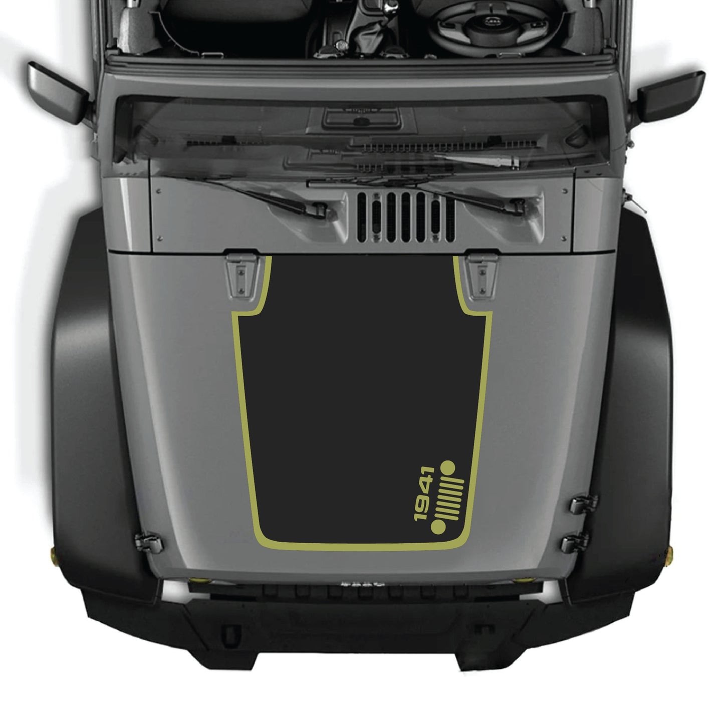 Right side hood decal with 1941 Jeep grill border graphic for Jeep Wrangler JK JKU 2007-2018, made from premium vinyl.