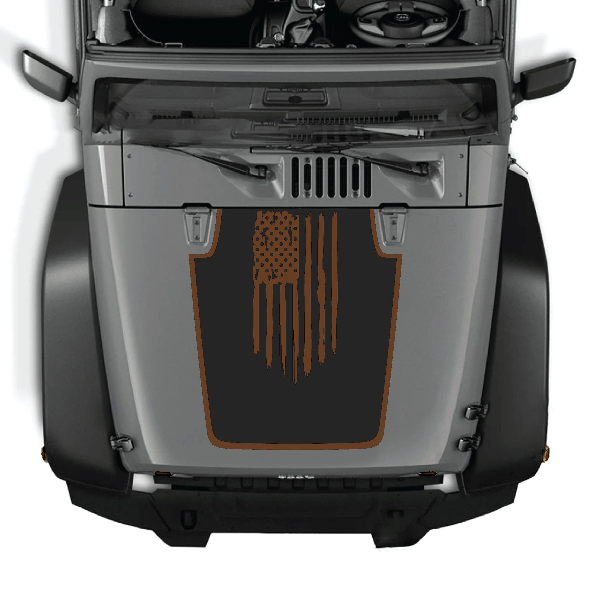 Jeep Wrangler JK hood decal featuring an American flag with border, made of premium vinyl by CarCode.