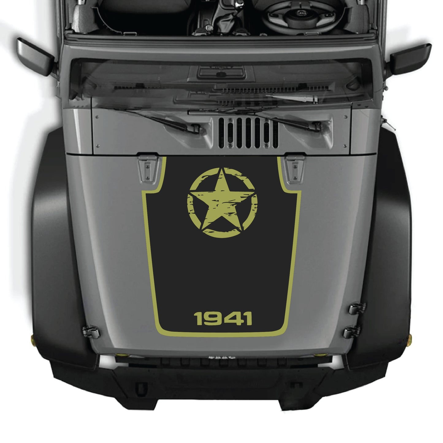 Jeep Wrangler JK hood decal featuring a 1941 star with border graphic in black premium vinyl, designed for 2007-2018 models.