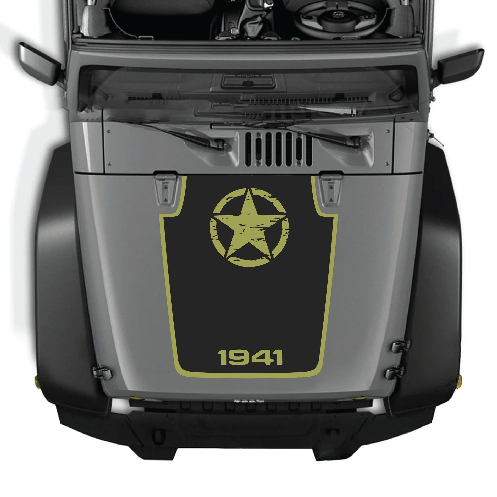 Jeep Wrangler JK hood decal featuring a 1941 star with border graphic in black premium vinyl, designed for 2007-2018 models.