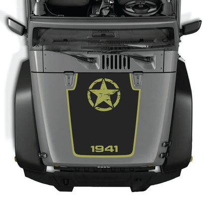 Jeep Wrangler JK hood decal featuring a 1941 star with border graphic in black premium vinyl, designed for 2007-2018 models.