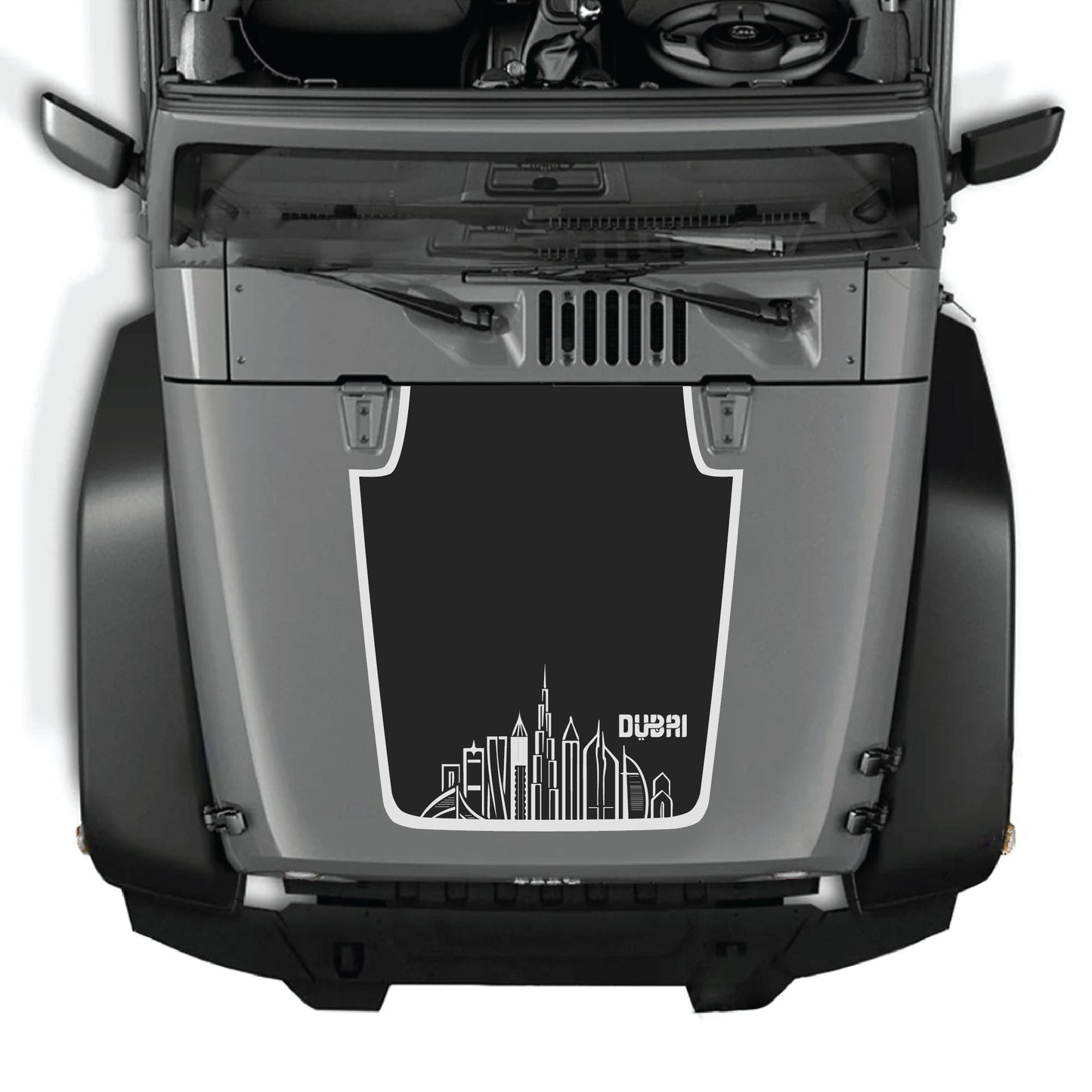 CarCode Dubai hood decal with border graphic kit on a Jeep Wrangler JK JKU 2007-2018, made of premium vinyl.