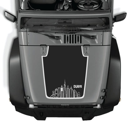 CarCode Dubai hood decal with border graphic kit on a Jeep Wrangler JK JKU 2007-2018, made of premium vinyl.