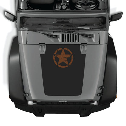 Jeep Wrangler JK JKU hood with CarCode Top Star decal graphic kit in premium vinyl, featuring a bold star design on the hood.