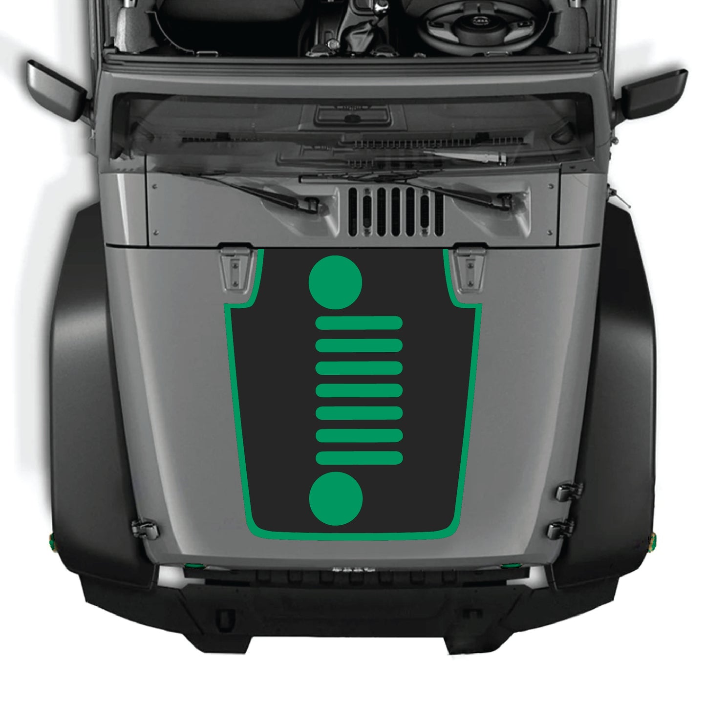 Vertical grill hood decal with border graphic for Jeep Wrangler JK JKU, made of premium vinyl by CarCode, shown on vehicle.