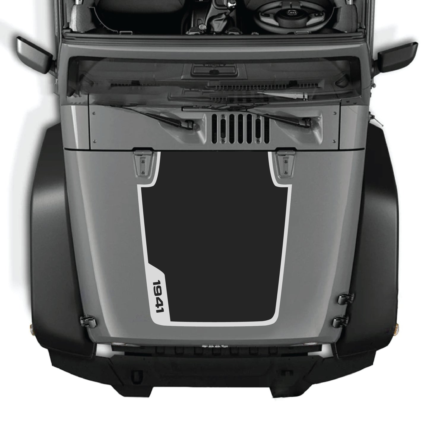 Left side hood decal with 1941 border graphic kit for Jeep Wrangler JK JKU 2007-2018, made of premium vinyl by CarCode.