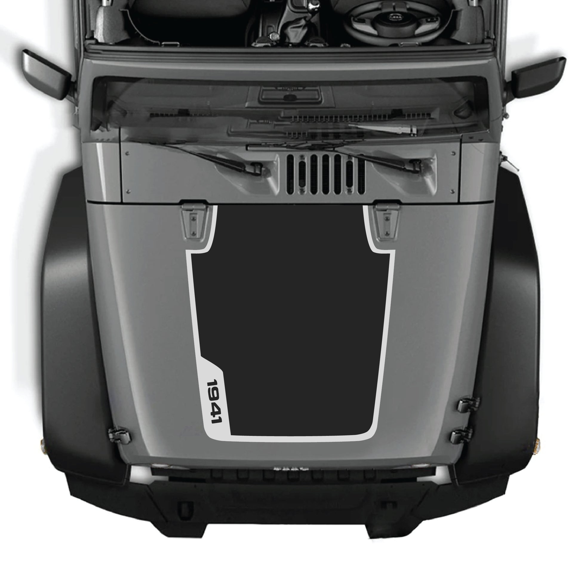 Left side hood decal with 1941 border graphic kit for Jeep Wrangler JK JKU 2007-2018, made of premium vinyl by CarCode.