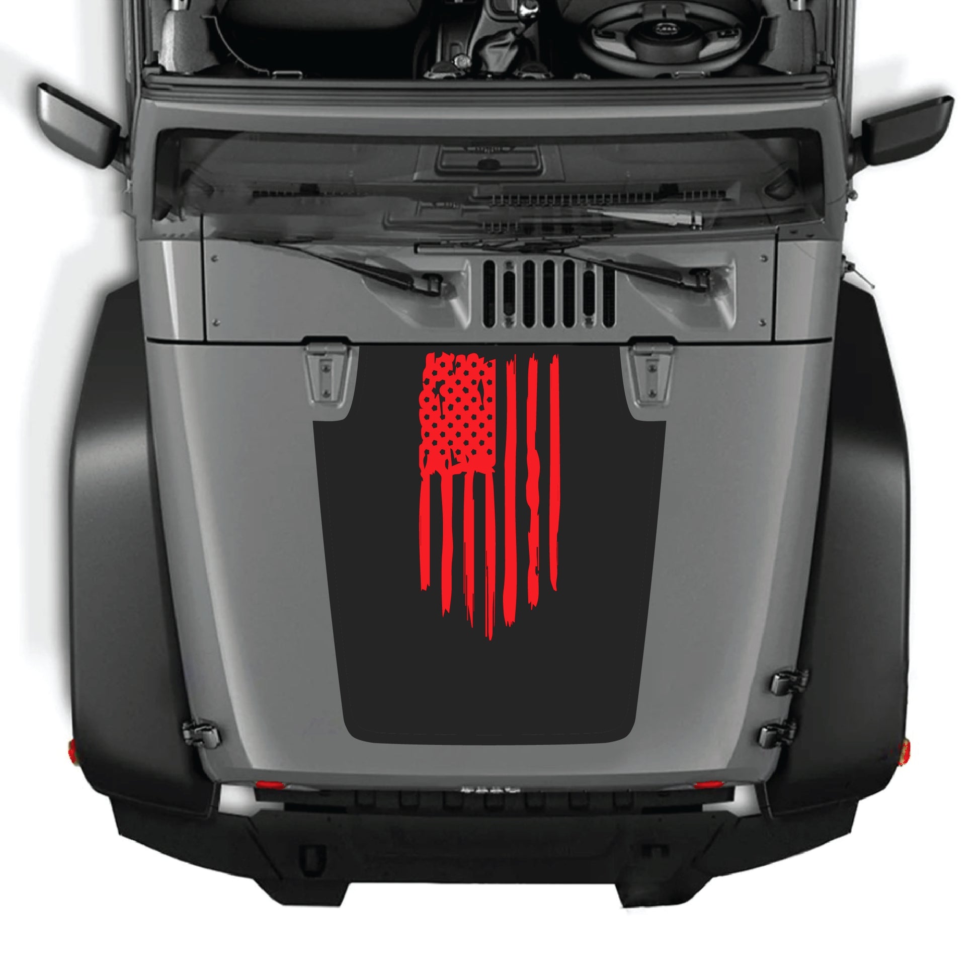 CarCode Jeep Wrangler hood decal featuring a bold American flag graphic in premium vinyl for JK JKU models 2007-2018.