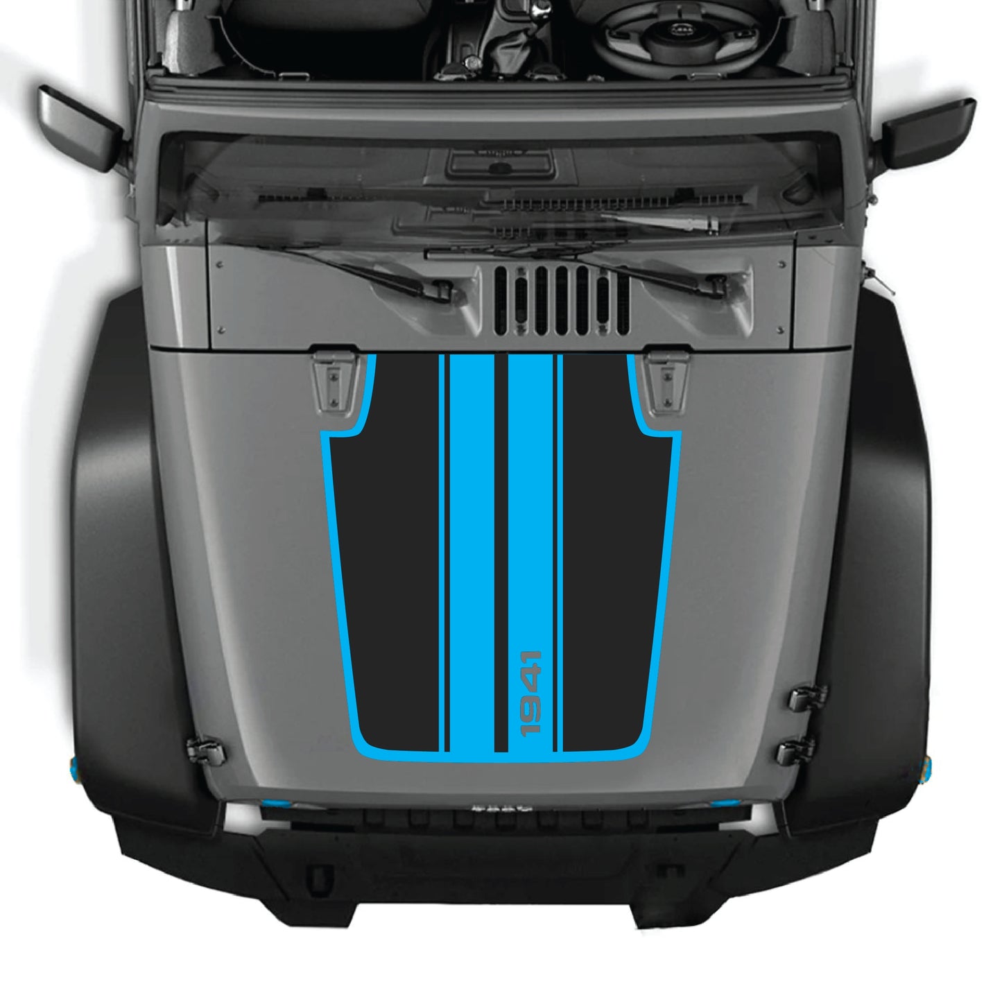 Calcomanía para cofre Jeep Wrangler JK con kit gráfico de rayas 1941 en vinilo premium blanco y negro, diseñada para modelos 2007-2018.