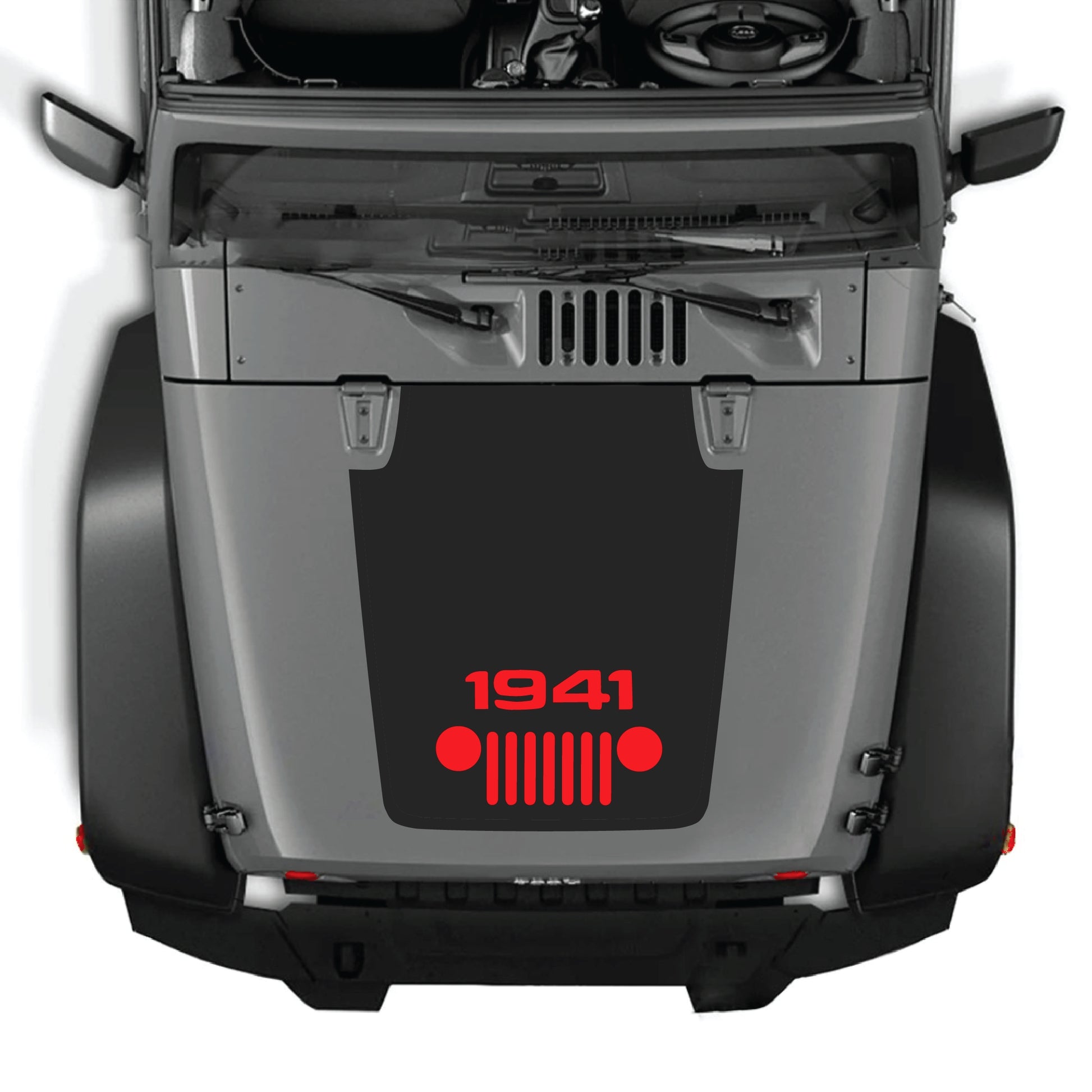 Jeep Wrangler JK hood decal featuring a 1941 grill graphic sticker in black vinyl by CarCode, designed for 2007-2018 models.