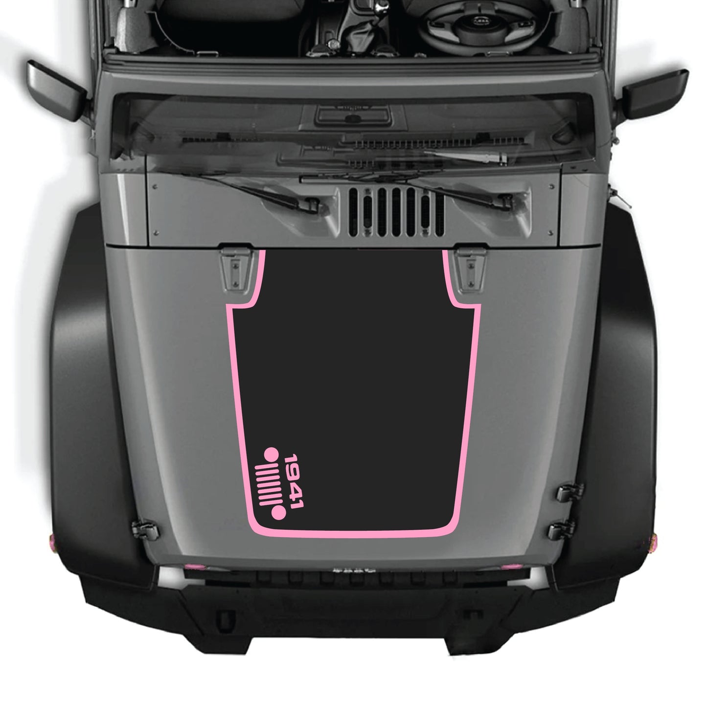 Left side hood decal with 1941 grill design and border for Jeep Wrangler JK JKU, made of premium vinyl by CarCode.