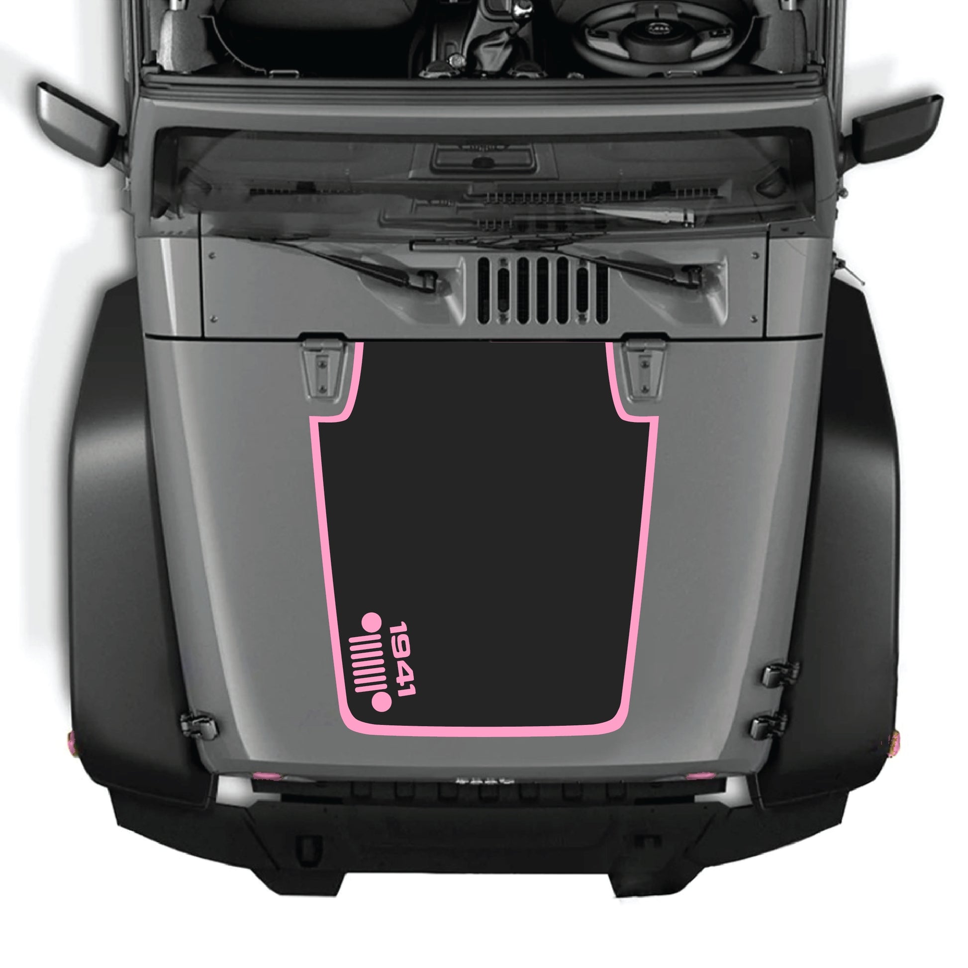 Left side hood decal with 1941 grill design and border for Jeep Wrangler JK JKU, made of premium vinyl by CarCode.